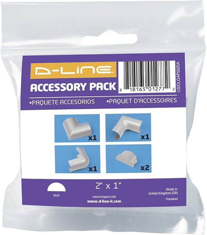 D-Line Large Cable Raceway Accessory Pack, Join 2in x 1in Cord Cover Lengths, 5 Accessories Included, Hide Cords Around a Variety of Angles - Gray