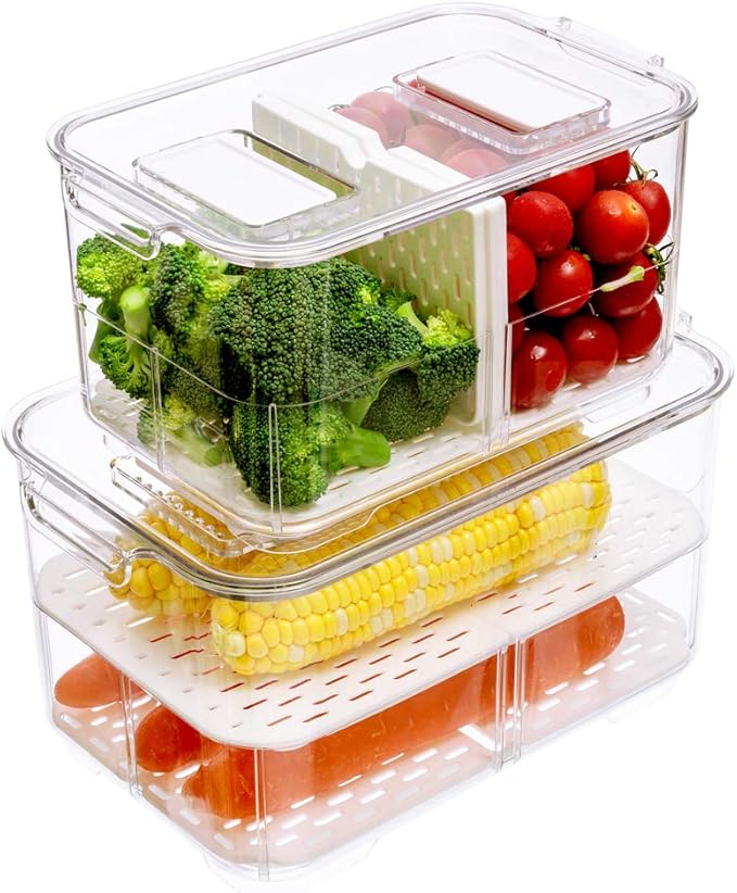 Slideep Food Storage Containers, 2 Tier Stackable Fridge Produce Saver with Lids, Removable Drain Tray Drawers Refrigerator Produce Keeper with Strainer for Veggie, Berry, Fruits, Vegetables 4 Pack