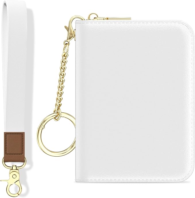 Aiawoxc Credit Card Holder, Small RFID Wallet Slim Leather Card Organizer Case with Zipper and Wristlet Strap, White