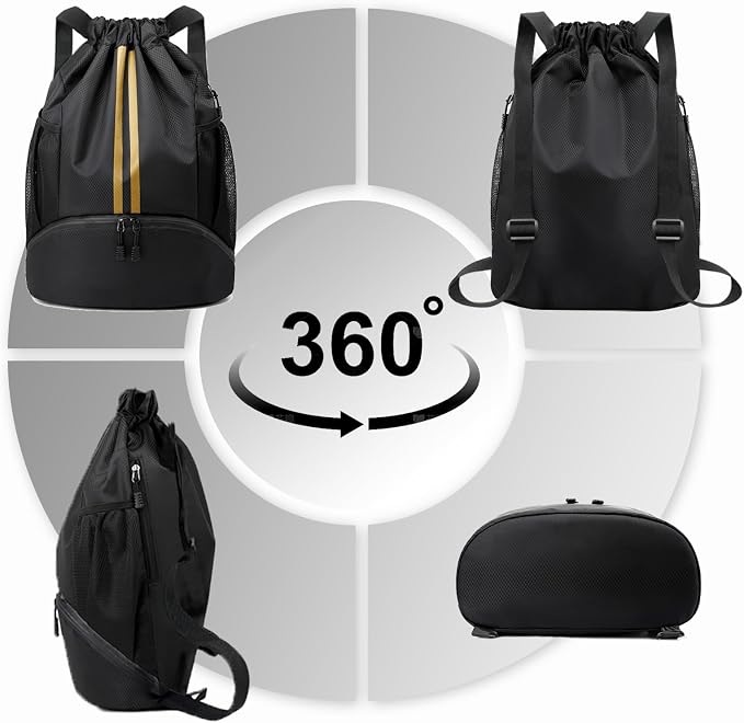 Hoedia Sports Drawstring Backpack - String Swim Gym Bag with Shoes Compartment and Wet Proof Pocket for Women&Men, Black Gold