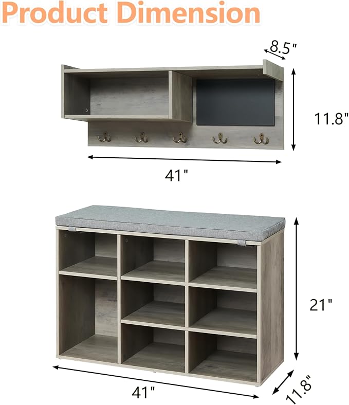 Entryway Shoe Bench with Coat Rack, Cushioned Storage Seat with Cubbies, Shoe Rack Bench for Front Door Entrance, Hall Tree with Hooks, Blackboard & Extra Storage for Entryway, Hallway & Living Room