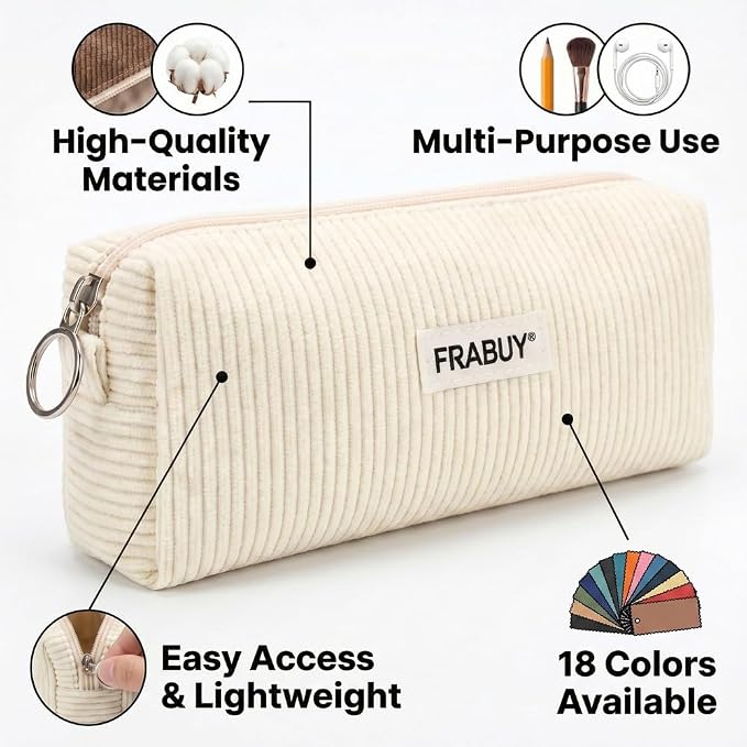 Soft Corduroy Pencil Case Pen Pouch Organizer, Small Stationery Bag | Cute white pencil pouch, smooth zipper, daily cosmetics holder, compact organizer for school teen girls, women