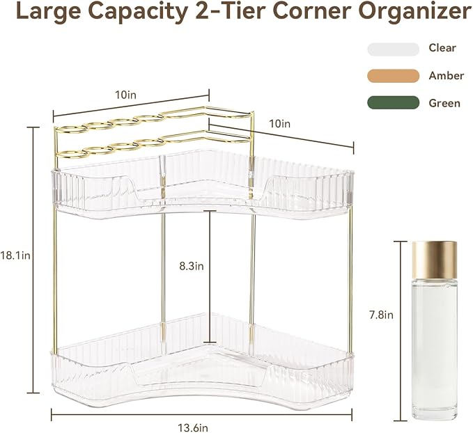 2-Tier Corner Bathroom Counter Organizer with Makeup Brush Holder, Clear | Large Makeup Organizers for Vanity, Corner Bathroom Countertop Organizer for Cosmetic Perfume Skincare Storage