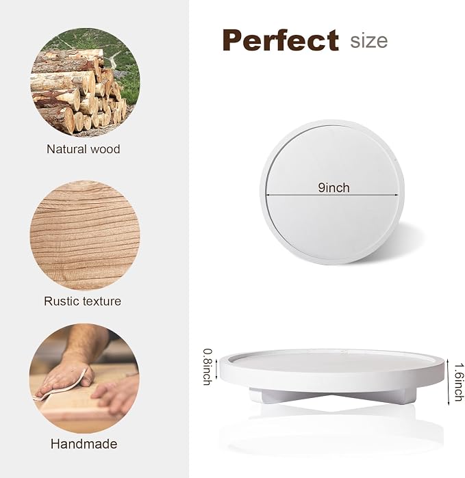Round Decorative Tray Farmhouse Kitchen Decor Soap Dish, 9" White | Waterproof, Lightweight, Easy Clean, Wood Riser Pedestal Stand Accessories for Office Desk, Vanity, Counter, Sink