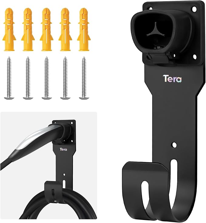Tera EV Charger Cable Holder for Tesla: Waterproof Wall Mount Connector Organizer with J-Hook for Electric Vehicle Charging Station