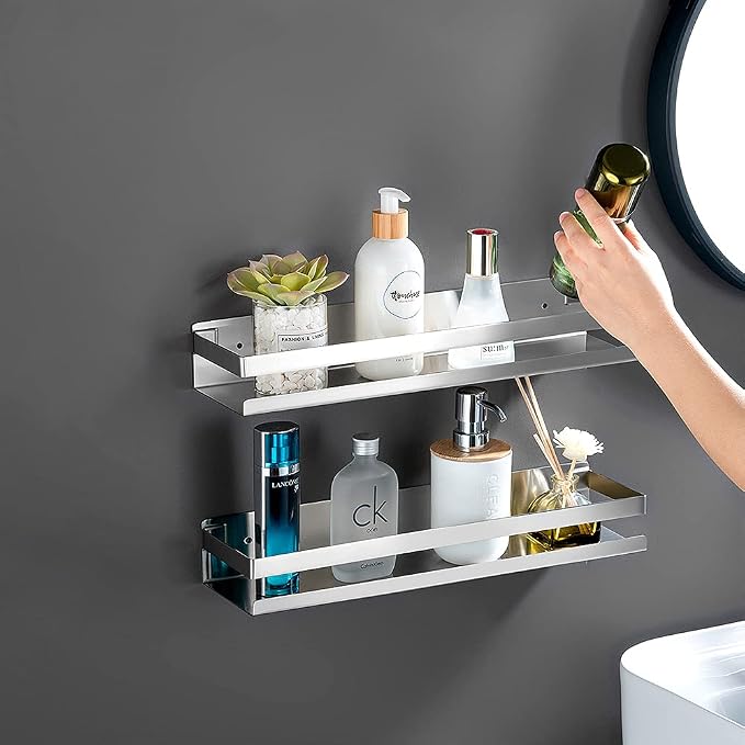 CONRUSER Wall Mounted Spice Rack, Stainless Steel Kitchen Organizer Shelves Hanging Storage Shelf Brushed Steel Seasoning Rack (40CM)