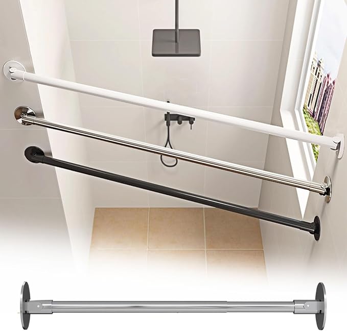 Closet Rod Flange Adjustable Closet Rod for Angled Wall, Retractable Corner Shower Curtain Rod Stainless Steel, 180° Swivel Hanging Clothes Support Pole(Silver,100-150cm(39 3/8"-59"))