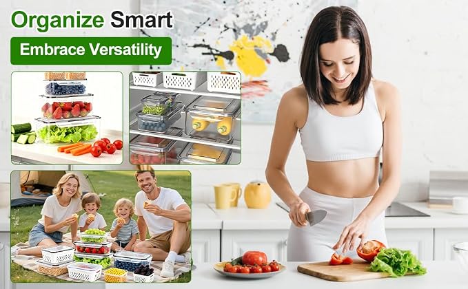 KUK 5 Pack Fruit Storage Containers for Fridge, Stackable Leakproof Food Keeper with Removable Colander, BPA-Free Produce Saver for Vegetables, Berries & Meat