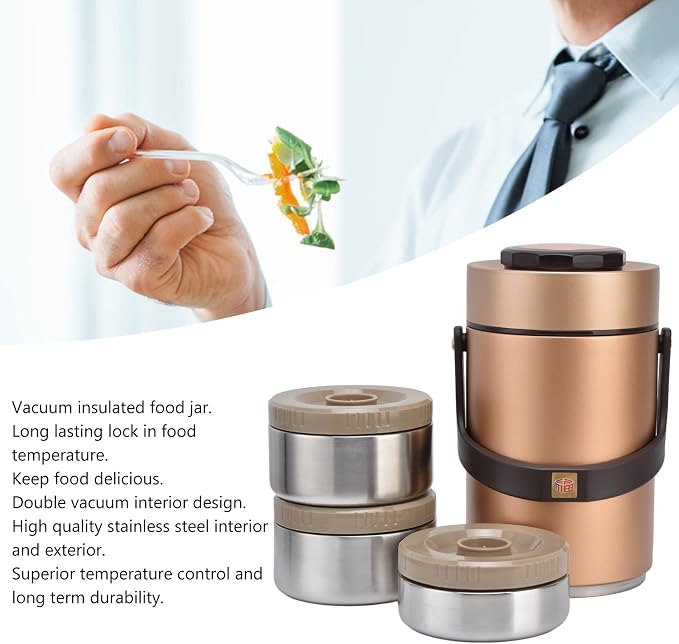 Qiilu Food Flask 2L Termos Para Comida Caliente 24 Horas 304 Stainless Steel 2.3L Vacuum Lunch Box 3 Layers Prevent Leakage Insulated Container For Work Travel (Gold)
