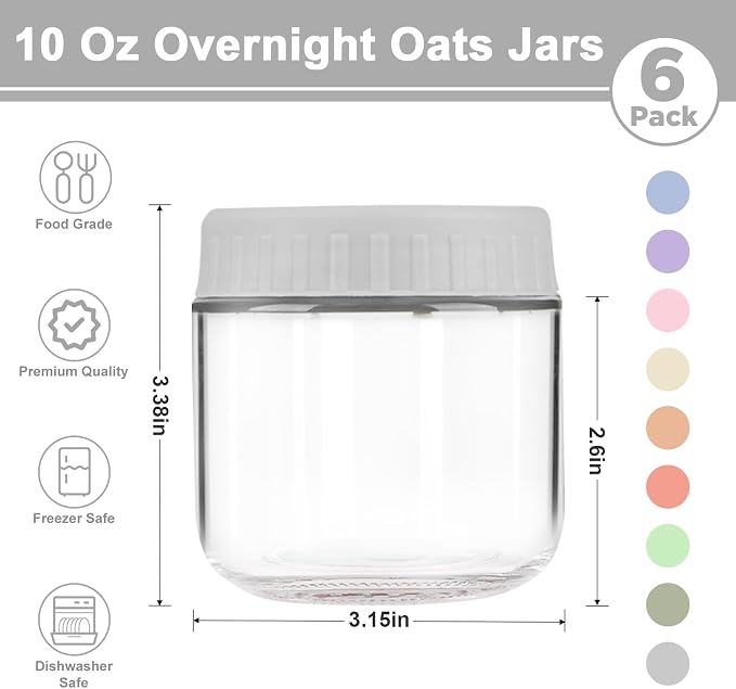 Overnight Oats Containers with Lids, 10oz Wide Mouth Mason Jars with Lids, 6 Pack Glass Jars with Airtight lid for Chia Pudding Yogurt Salad, Meal Prer Oatmeal Jars, Gray