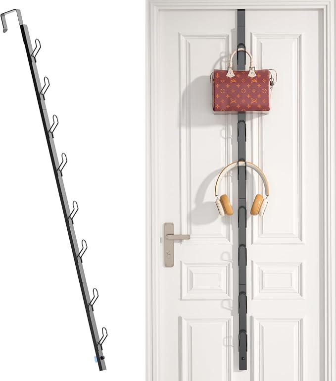 TOMIR Over The Door Hooks with 8 Hooks, Metal Long Hooks for Hanging, Behind Door Towel Rack, Purse, Coat Hanger, Non-Slip Pads with Suction Cups, Space-Saving Vertical Organizer, 37.2 Inches Black