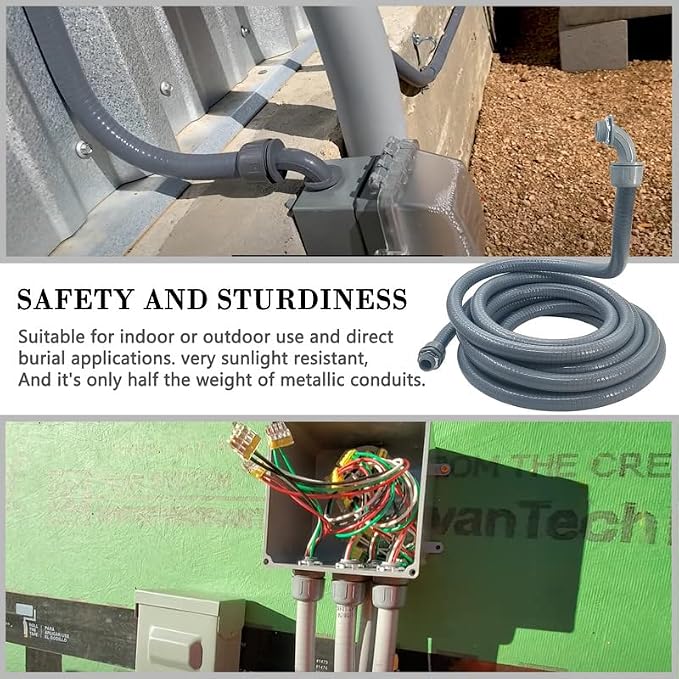 1/2 inch 100Ft Liquid-Tight Conduit Kit, Flexible Non Metallic Electrical Conduit, with 6 Straight and 5 Angle Fittings Included. 1/2" Dia