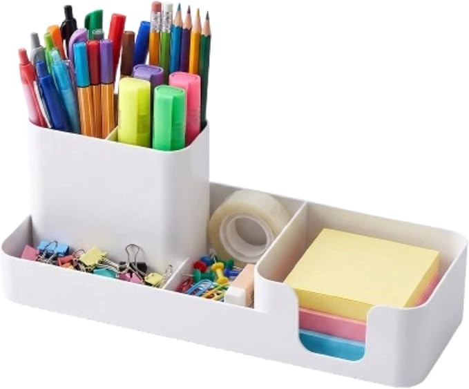 Pen Holder Desk Organizer White HIPS Plastic Sticky Note Storage | HIPS plastic desk organizer. 3-in-1: pen holder, sticky note storage, center tray. Compact 10-inch design. Easy clean. White.