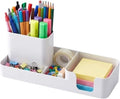Pen Holder Desk Organizer White HIPS Plastic Sticky Note Storage | HIPS plastic desk organizer. 3-in-1: pen holder, sticky note storage, center tray. Compact 10-inch design. Easy clean. White.