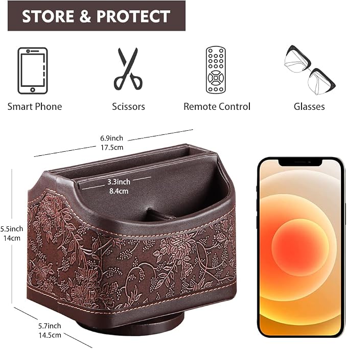 360° Rotating Remote Control Holder, PU Leather TV Remote Caddy, Pen Holder | Nightstand Organizer Storage Box with 5 Compartments for Pencil, Art Supplies, Makeup Brush, Office Desk Table Accessories