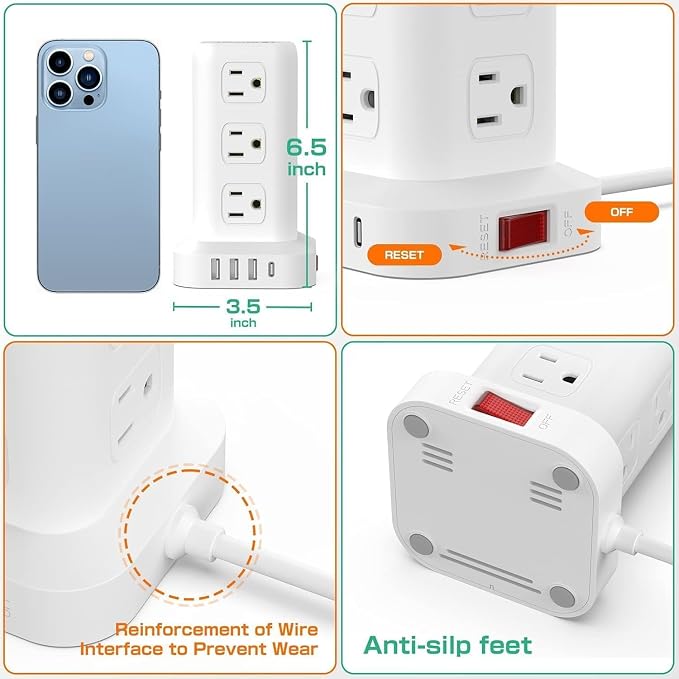 Power Strip with 12 Outlets 4 USB (1 USB C), 10Feet Extension Cord with Multiple Outlets, Charging Station, Power Strip Tower, Home Office Desk Supplies