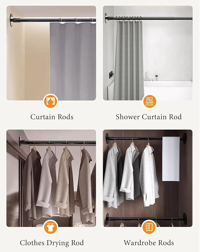 Closet Rod Flange Adjustable Closet Rod for Angled Wall, Retractable Corner Shower Curtain Rod Stainless Steel, 180° Swivel Hanging Clothes Support Pole(Black,120-180cm(47 1/4"-70 7/8"))