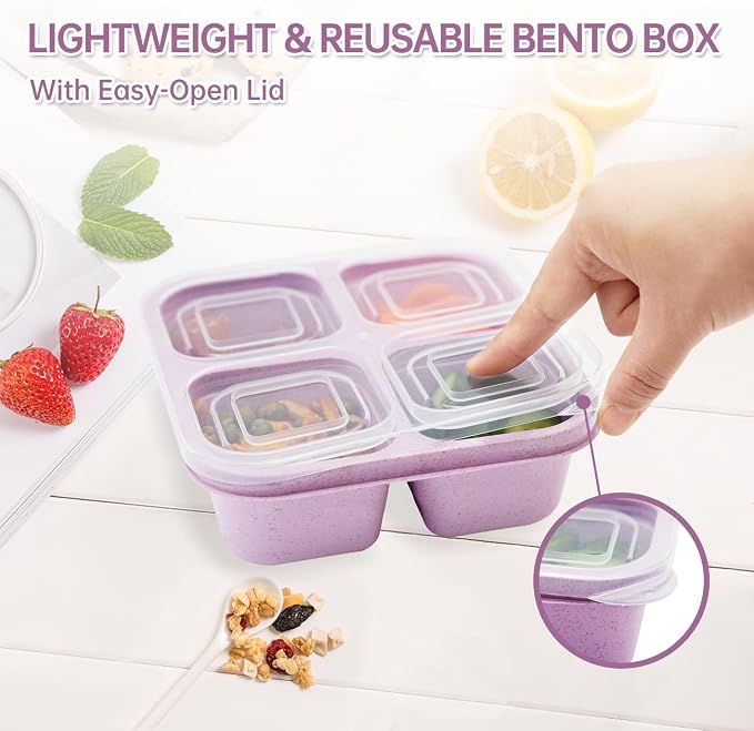 5 Pack 4 Compartment Divided Snack Bento Box, Meal Prep Containers FOR Kids/Toddle/Adults