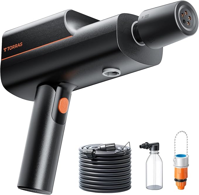 TORRAS Cordless Electric Pressure Washer, 990 PSI Foldable Power Washer, Weight 1.1kg, Six Nozzle Modes, Fast Charging, Portable Washer, Home Cleaning & Garden Watering