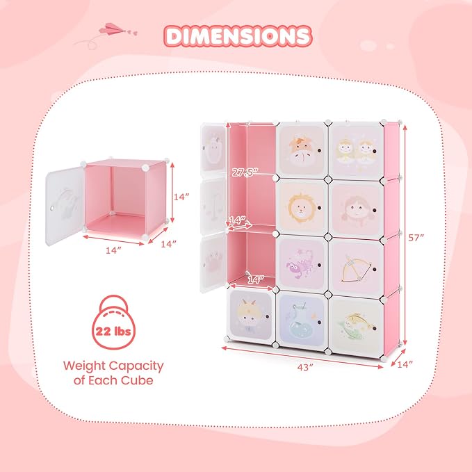 Costzon Kids Closet, Cartoon DIY Modular Dresser Storage Organizer with 12 Cubes & 2 Clothes Hanging Rack, Portable Armoire for Baby Toddlers, Kids Wardrobe for Bedroom Nursery