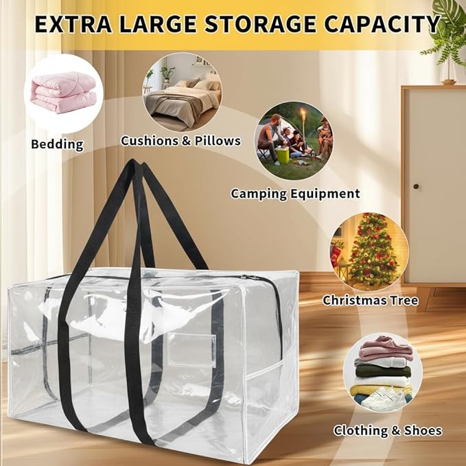 Heavy Duty Extra Large Moving Bags,149 Gallon Jumbo Packing Bags,Huge Moving Storage Bags with Strong Zippers & Carrying Handles,Reusable Big Moving Storage Bags for College Dorm Travel 2Pack,Clear