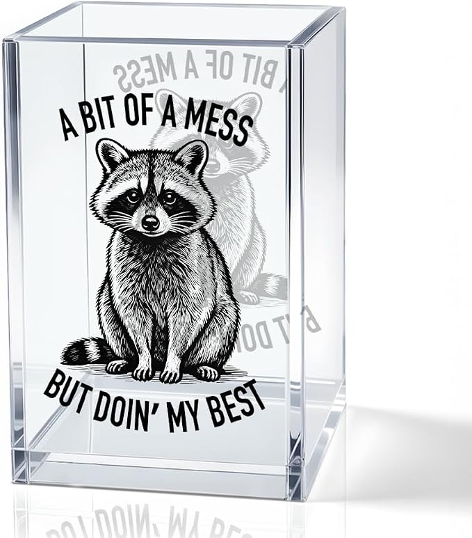 Bit Of A Mess But Doin' My Best Acrylic Pencil Pen Holder Cup, Feral Racoon Makeup Brush Storage Organizer, Cute Mental Health Desk Accessories Holder, Sarcastic Office Gifts for Colleague