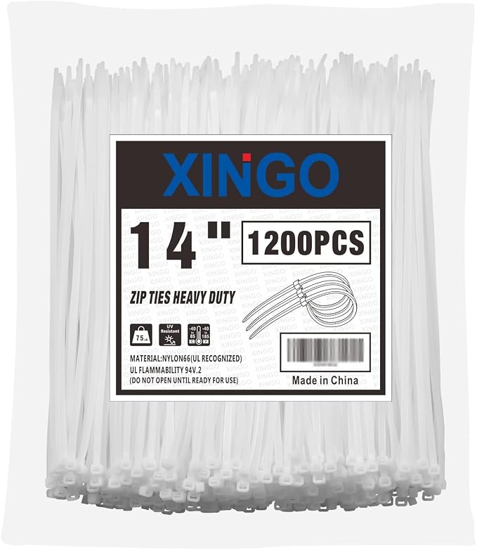 XINGO 14 Inch White Zip Ties 1200 PCS, 75 LBS Tensile Strength, UV Resistant Cable Ties, Self-locking Plastic Ties for Indoor and Outdoor Use