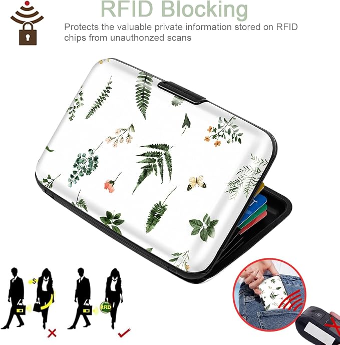 Coco Rossi Credit Card Holder RFID Aluminum Small Mini Wallet Women | Metal Wallet, Business Cards Holder, ID Case, Slim Sleeves, Womens Girls Gift, Carry Wallets for Travel, Green Leaves