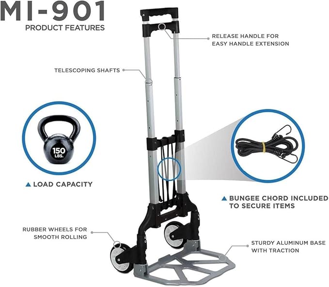 Mount-It! Folding Hand Truck and Personal Dolly, Foldable Aluminum Trolley Cart, 165 Lb Capacity Heavy Duty Dolly with Wheels of Rubber for Moving, Comfortable Telescoping Handle for Indoor Outdoor