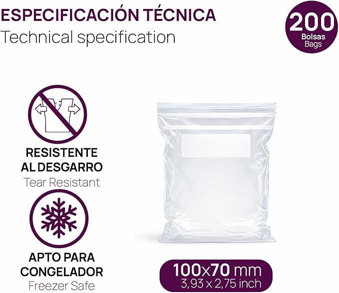 Ofituria Transparent Zip Bags 100 x 70 mm with Airtight Seal, Zip Bags for Food, Snacks, Freezing as well as Kitchen and Travel Organisation - Ofituria (200 Bags)