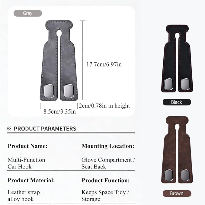 2-Pack Car Hanging Hooks for Car Seat Back & Glove Box, Grey | Dual-Use Purses & Bags Hanger for Car With Metal Hooks - Keep Floor & Seats Clutter-Free, Car Interior Organizer Accessories