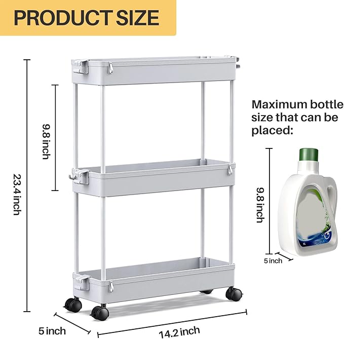 SPACEKEEPER Slim Rolling Storage Cart, 3 Tier Storage Organizer Laundry Room Organizer Mobile Shelving Unit, Multi-Purpose for Kitchen Office Bathroom Laundry Narrow Places, Gray
