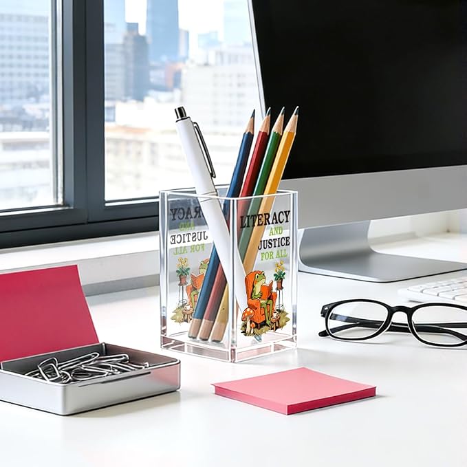 Literacy and Justice For All Acrylic Pencil Pen Holder Cup, Cute Bookish Makeup Brush Storage Organizer, Reading Book Club Desk Accessories Holder Gifts for Daughter Librarian Teacher Holders