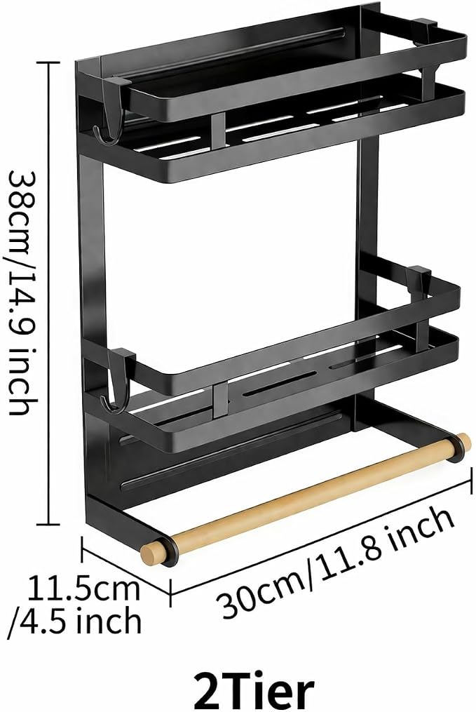 Magnetic Refrigerator Spice Rack Organizer, 2 Layer Kitchen Shelf with Paper Towel Holder, Fridge Side Storage for Seasoning Bottles, No Drill Rack