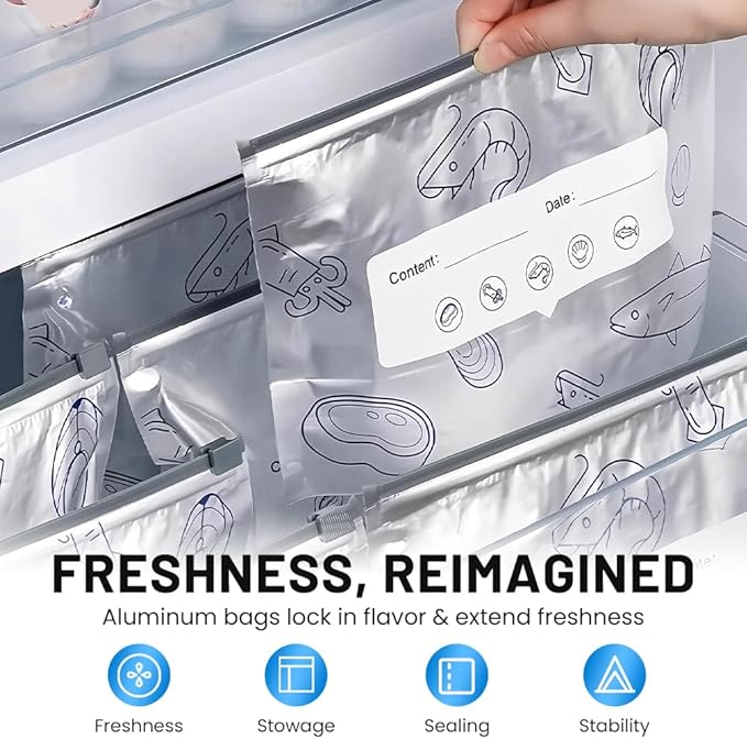 2026 New Reusable Aluminum Foil Sealable Storage Bags, Upgrade Resealable Vacuum Zipper Pouches with Label and Zip Lock, Stand Up Foil Sealable Bags for food, Vegetable and Fruit Meat (20PCS, Medium)
