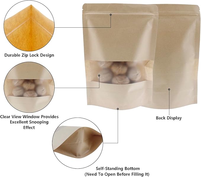 Kraft Paper Zipper Pouches,ULIFESTAR Kraft Stand Up Zip Lock Pouch Bags,100PCS Resealable Bag with Transparent Window and Tear Notch Resealable Bag for Small Business HomeUse,9.8"*13.8"(25*35cm+5cm)