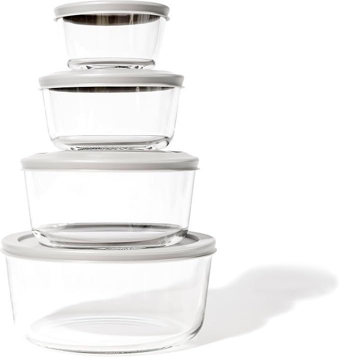 16-Piece Glass Food Storage Containers Set (8 Containers + 8 Lids) | Round, Nesting, Microwave & Dishwasher Safe | BPA-Free, Space-Saving | Color Lids for Pantry & Kitchen Organization, Multi Color