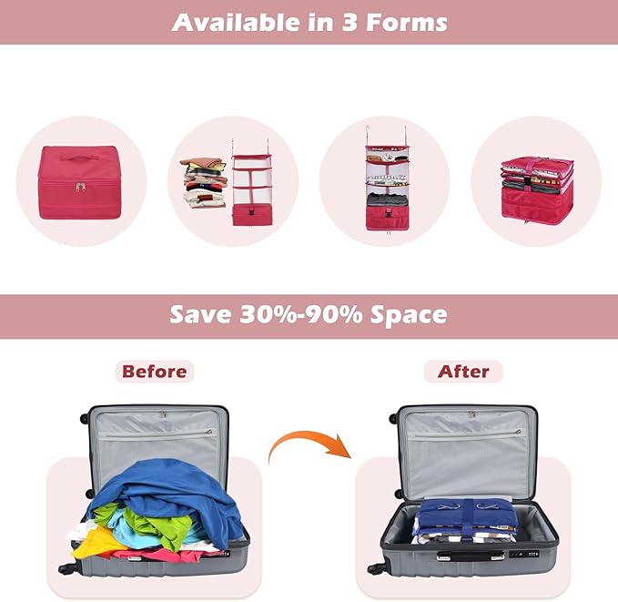 Surblue Hanging 3-Shelf Closet Organizer Pocket Collapsible Washable Oxford Fabric with 2 Hooks (L 11.41 * 11.41 * 19.68in, Rose)