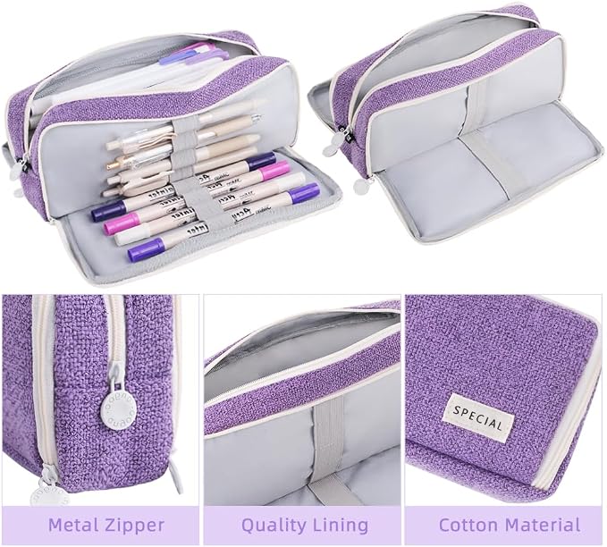 iSuperb Large Pencil Pouch 3 Compartments Pencil Case Big Capacity Pencil Bag for Kids Teen Girls Boys Student School Supplies Pen Organizer Holder Bag (Purple)