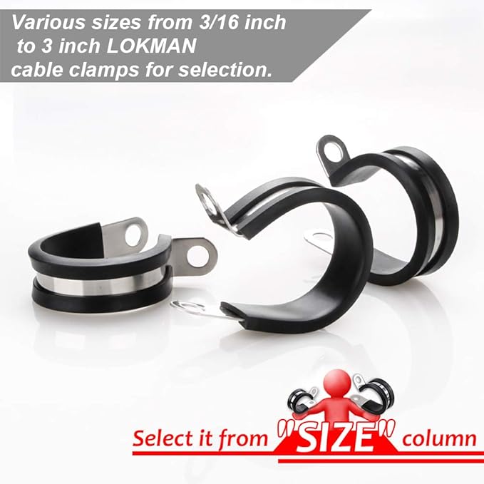 LOKMAN 20 Pack 3/8 Inch Stainless Steel Cable Clamp, Rubber Cushioned Insulated Clamp, Conduit Wire Holder Strap Clips for Tube, Pipe, Cord Installation