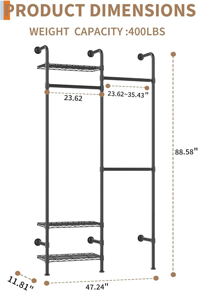 Garvee L2 Wall Mounted Pipe Closet System, Matte Black | Carbon Steel, Expandable Rods 23.62-35.43 in, 3 Wire Shelves, Closet Organizers and Storage