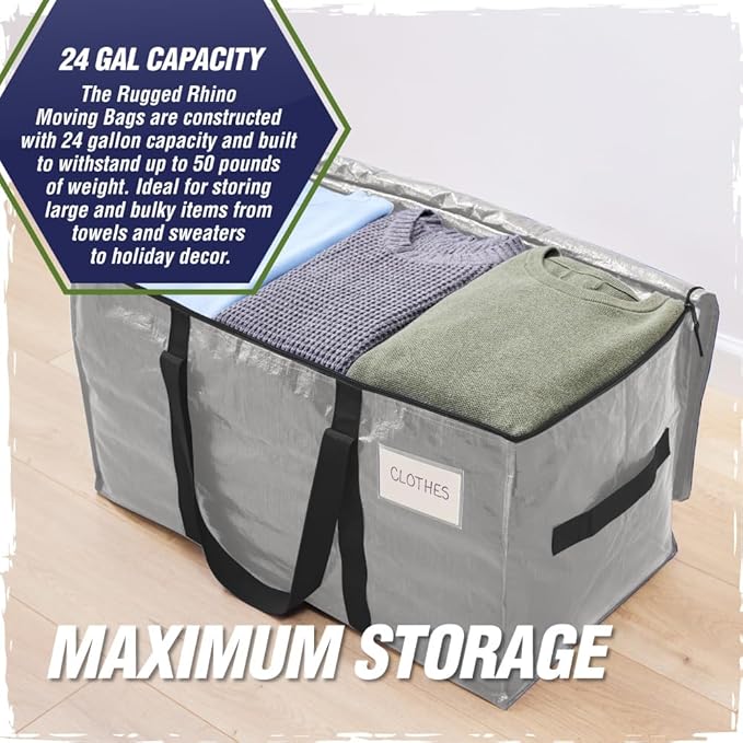 RUGGED RHINO 8 Pack Heavy Duty Extra Large Moving Bags, Durable Bag with Strong Handles and Zipper, Moving Boxes Alternative for College Packing, Holiday Décor, Space Saving Storage with Label, Silver
