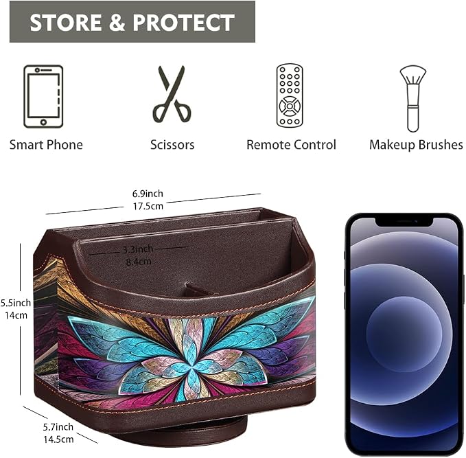 360° Rotating Remote Control Holder, PU Leather TV Remote Caddy, Pen Holder | Nightstand Organizer Storage Box with 5 Compartments for Pencil, Art Supplies, Makeup Brush, Office Desk Table Accessories