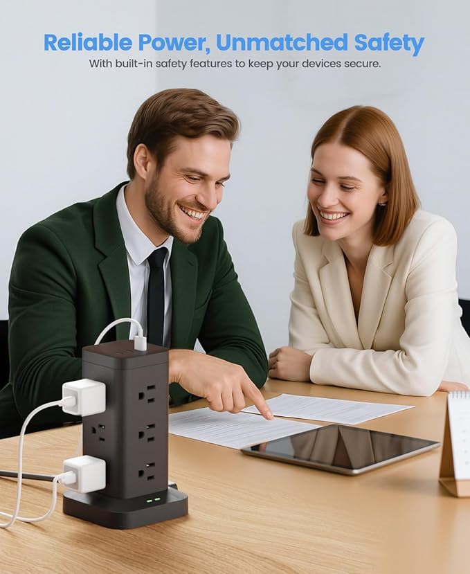 Power Strip Tower with Surge Protector 1800J, Fast Charging Tower PD20W USB-C Ports with 12 AC Outlets, Extension Cord for Home Office Dorm Room, 10ft, Black