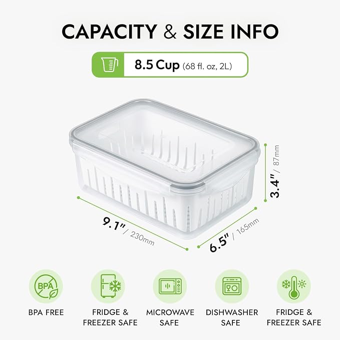 carrotez 8.5 Cup Produce Saver Container for Fridge with Colander - 2.0L | Airtight Fruit & Vegetable Storage Bin, Removable Strainer Basket, BPA-Free, Stackable, White Colander