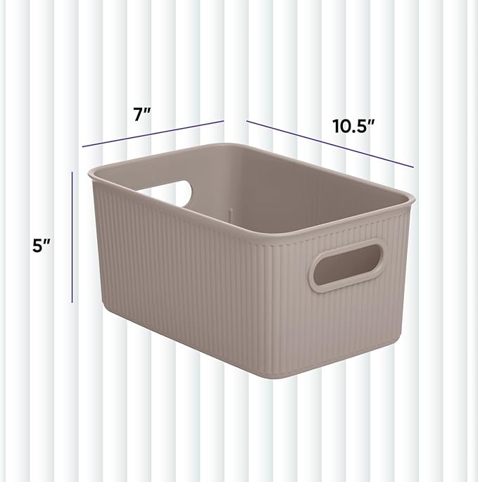 Superio Ribbed Collection - Decorative Plastic Basket Open Home Storage Bins Organizer, Medium Taupe (1 Pack) Container Boxes for Organizing Closet Storage Bins for Shelves Drawer Shelf 5 Liter