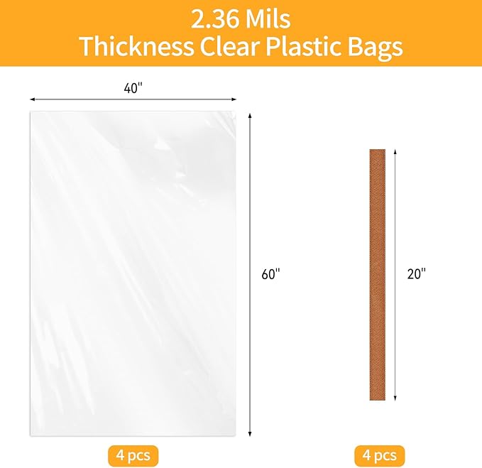 Ohuimrt 40 x 60 Inch Extra Large Clear Plastic Bags, 4 Pack Reusable Jumbo Waterproof Storage Bags with 4 Ties for Luggage, Suitcase, Furniture, Chair, Moving