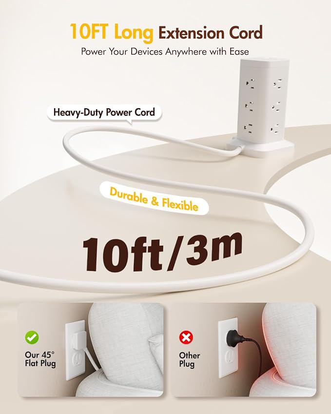 Power Strip Tower with Surge Protector 1800J, Fast Charging Tower PD20W USB-C Ports with 12 AC Outlets, Extension Cord for Home Office Dorm Room, 9.8ft, White