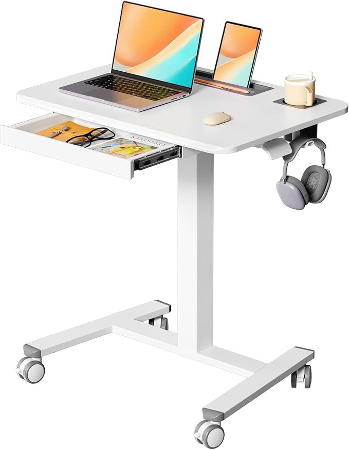 28" Mobile Standing Desk with Drawer, Portable Laptop Desk | Rolling Desk with Cup Holder & Hooks, Height Adjustable Computer Cart on Wheels for Classroom, Study Desk with Storage, White