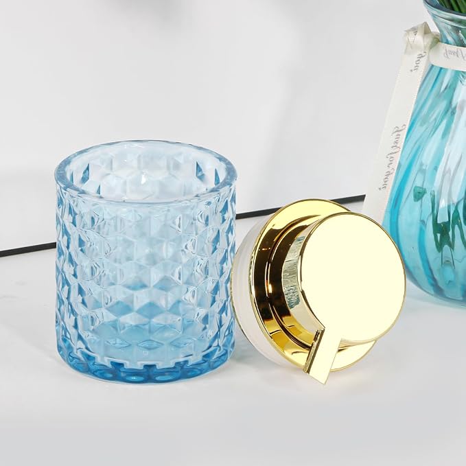 10 Oz Glass Hand Soap Dispenser with Pump, Refillable Bathroom Gold Foaming Soap Dispenser, Vintage Glass Diamond Lotion Container Bottle for Bathroom and Kitchen (2, Blue and Gold)